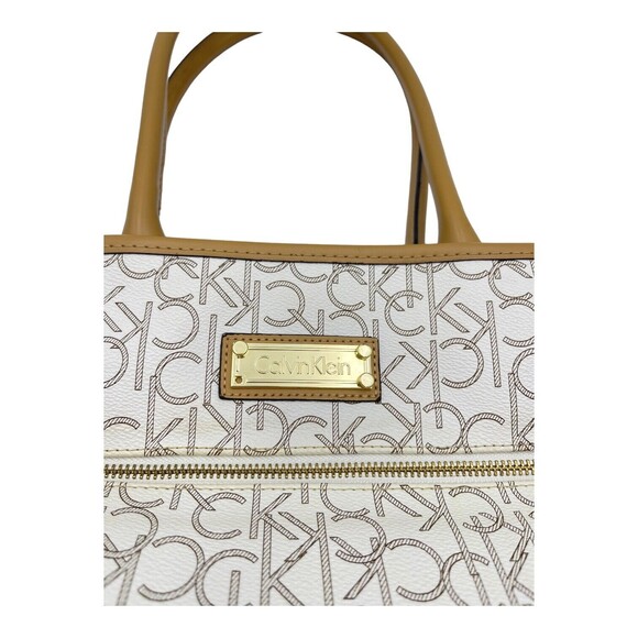 Calvin Klein Logo Print White Gold Stripe Large Tote Handbag Purse - Picture 5 of 8